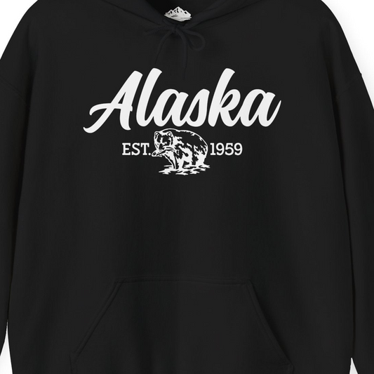 Alaska Bear Est 1959 Vintage Wildlife Graphic Monochrome Shirt — Hoodie Hoodie – Alaska Cruise Shirts Close Up