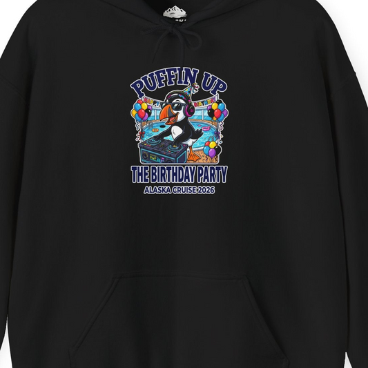 Funny Puffin DJ Birthday Party Alaska Cruise 2026 Shirt — Hoodie Hoodie – Alaska Cruise Shirts Close Up
