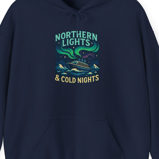 Northern Lights Alaska Cruise Ship Night Adventure Travel Shirt — Hoodie Hoodie – Navy – Alaska Cruise Shirts Close Up