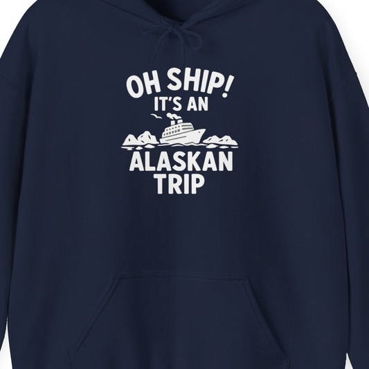 Oh Ship Alaskan Cruise Shirt Hoodie – Navy – Alaska Cruise Shirts Close Up
