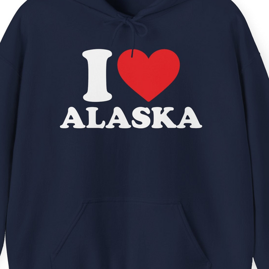 I Love Alaska Shirt Hoodie – Navy – Alaska Cruise Shirts Close Up