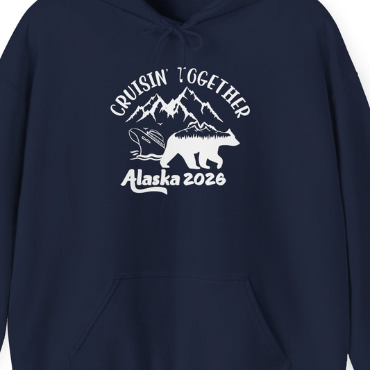 Cruisin Together Alaska 2026 Bear Mountain Group Cruise Shirt — Hoodie Hoodie – Navy – Alaska Cruise Shirts Close Up