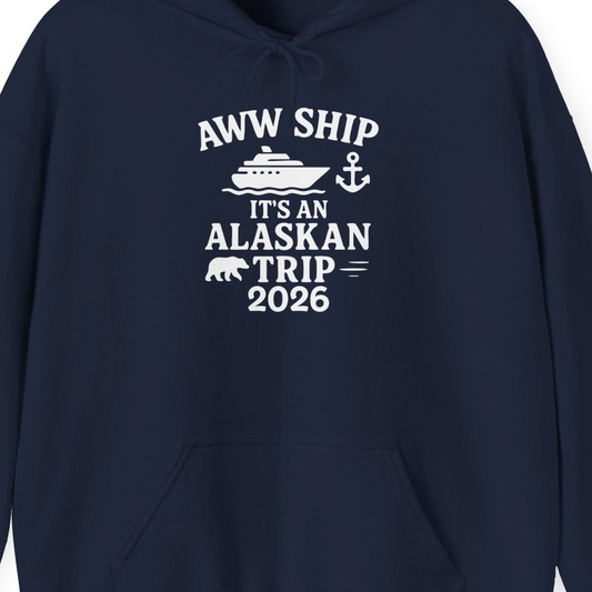 Alaska Cruise Shirt Hoodie – Navy – Alaska Cruise Shirts Close Up