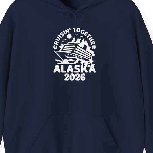 Cruisin Together Alaska Cruise Shirt Hoodie – Navy – Alaska Cruise Shirts Close Up