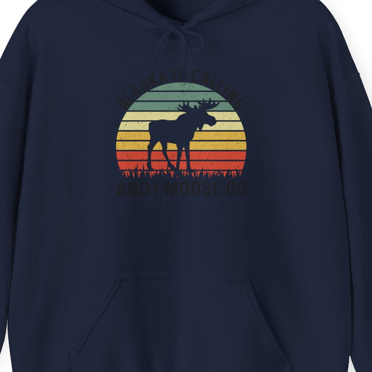 Alaska Is Calling And I Moose Go Retro Sunset Moose Graphic Shirt — Hoodie Hoodie – Navy – Alaska Cruise Shirts Close Up