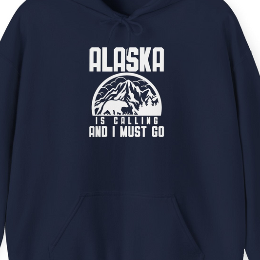 Alaska Is Calling Shirt Hoodie – Navy – Alaska Cruise Shirts Close Up