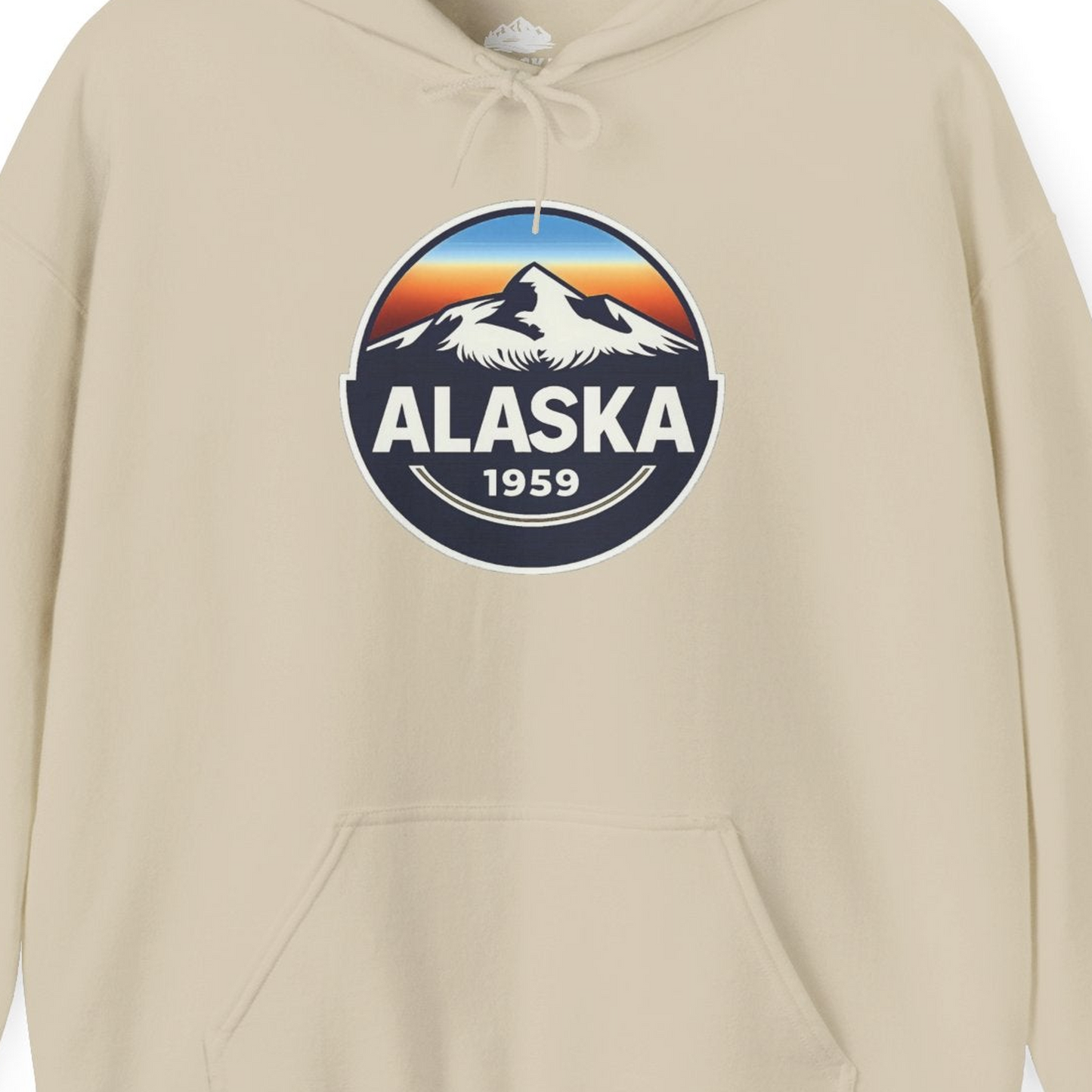 Alaska 1959 Retro Mountain Sunset Badge hoodie Vintage Statehood hoodie — Hoodie Hoodie – Sand – Alaska Cruise Shirts Close Up