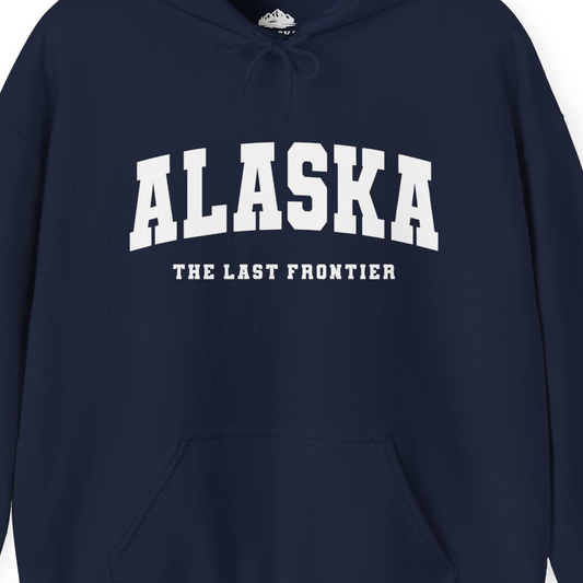 Alaska The Last Frontier Bold Collegiate Vintage State Pride Shirt — Hoodie Hoodie – Navy – Alaska Cruise Shirts Close Up