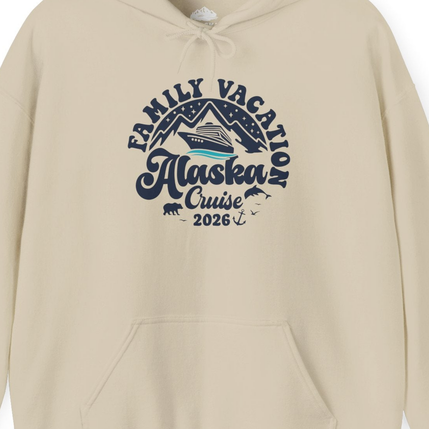 Alaska Family Cruise Shirt Hoodie – Sand – Alaska Cruise Shirts Close Up