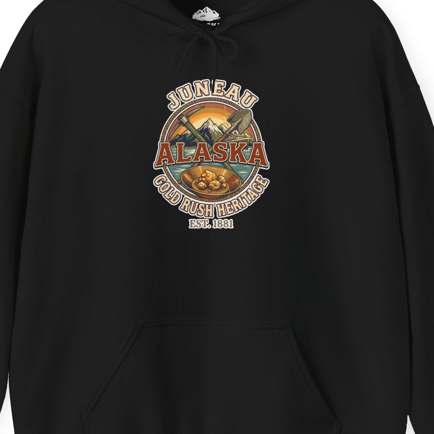 Juneau Alaska Gold Rush Heritage Vintage Travel T-Shirt — Hoodie Hoodie – Black – Alaska Cruise Shirts Close Up