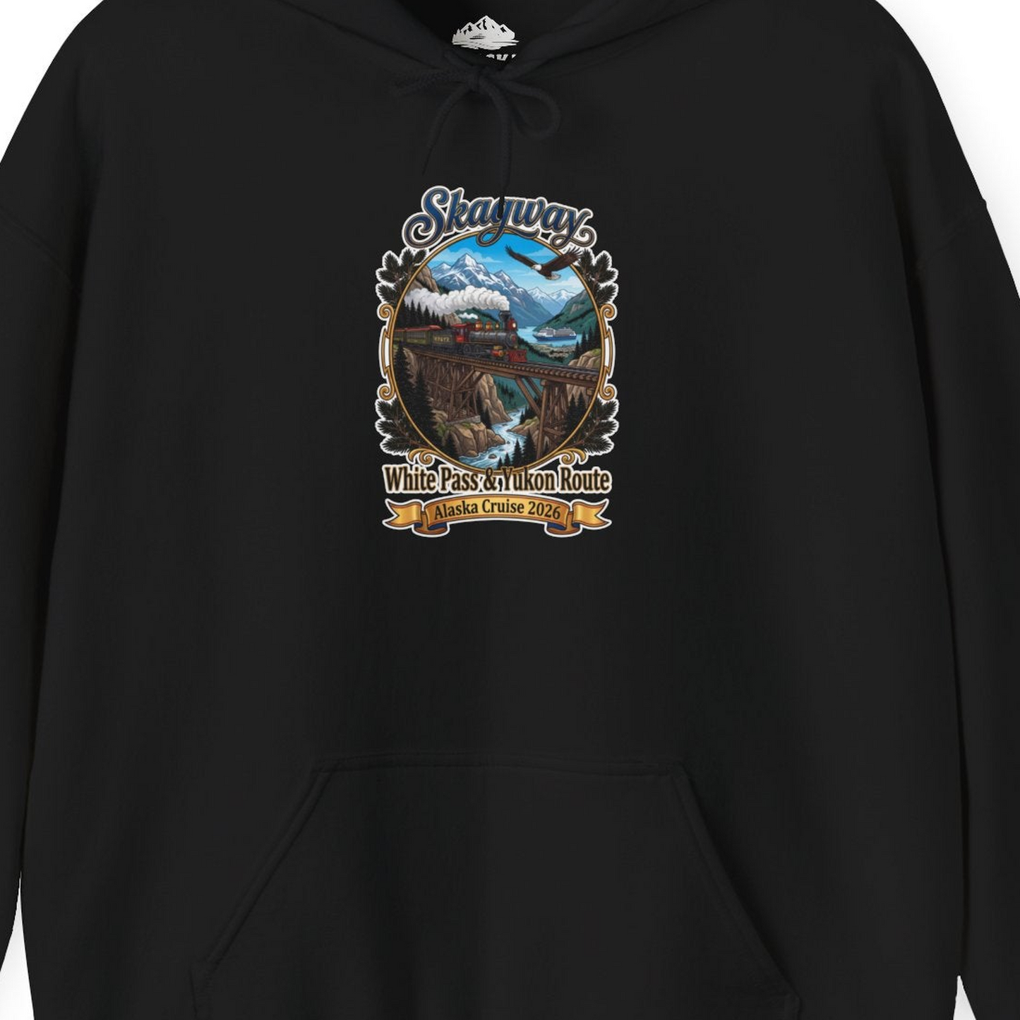 Skagway Alaska Cruise Shirt White Pass Yukon Route 2026 Souvenir — Hoodie Hoodie – Black – Alaska Cruise Shirts Close Up