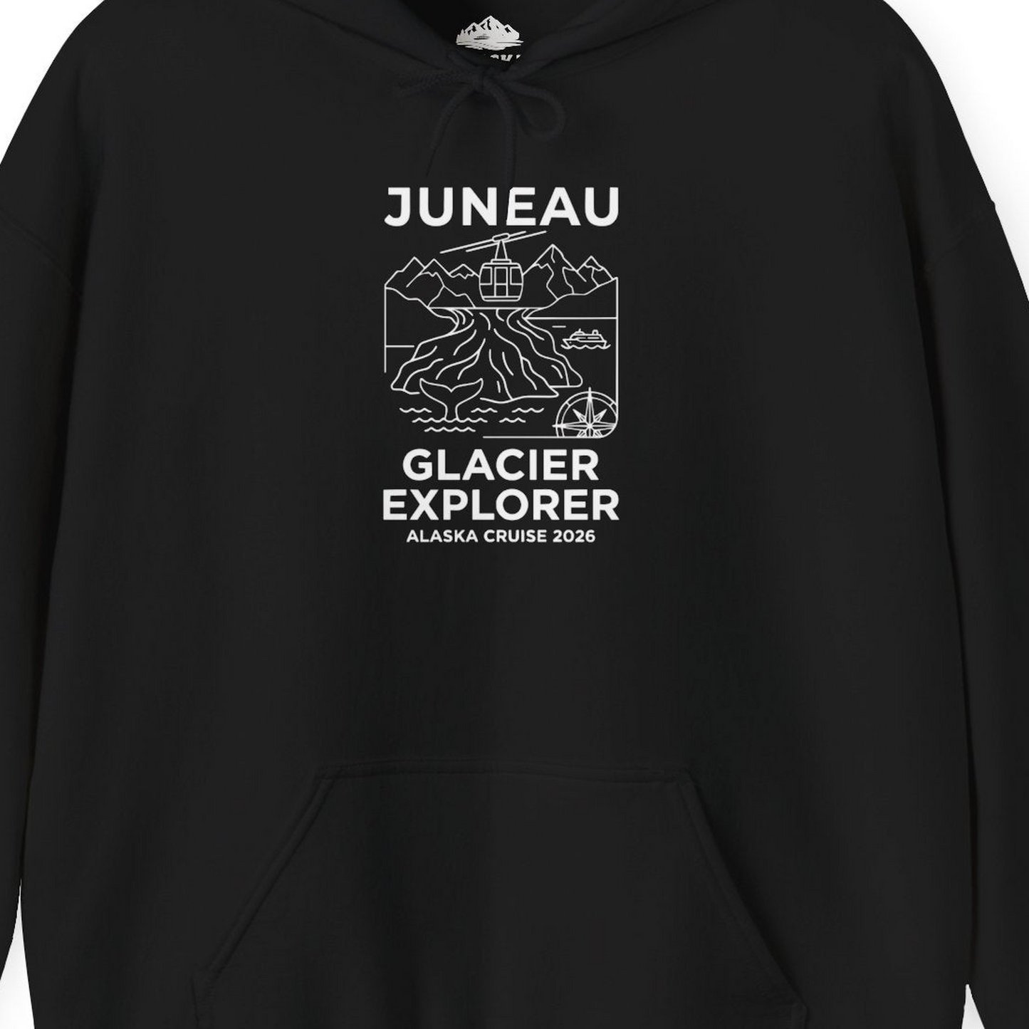 Juneau Glacier Explorer Alaska Cruise 2026 Adventure Shirt — Hoodie Hoodie – Black – Alaska Cruise Shirts Close Up