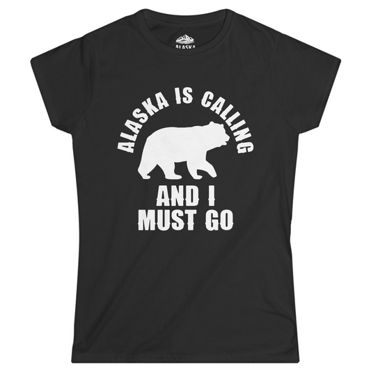 Alaska Is Calling Bear Silhouette Adventure Shirt - Bold Travel Quote Tee Ladies T-Shirt – Black – Alaska Cruise Shirts