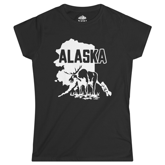 Alaska Moose Silhouette Shirt - Bold State Outline Wildlife Graphic Ladies T-Shirt – Black – Alaska Cruise Shirts