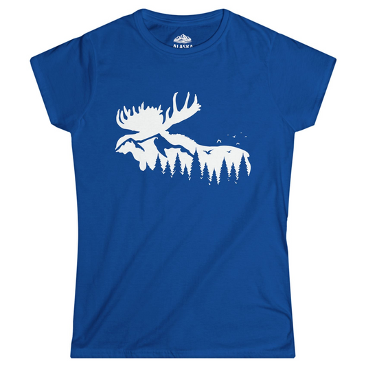 Moose Silhouette Forest Scene Shirt - Alaska Wilderness Nature Tee Ladies T-Shirt – Royal – Alaska Cruise Shirts