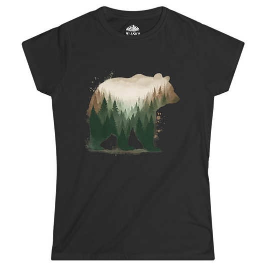Double Exposure Bear Forest Shirt - Watercolor Nature Wildlife Tee Ladies T-Shirt – Black – Alaska Cruise Shirts