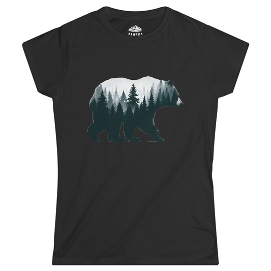 Double Exposure Bear Forest Silhouette Wilderness Shirt for Nature Lovers Ladies T-Shirt – Black – Alaska Cruise Shirts