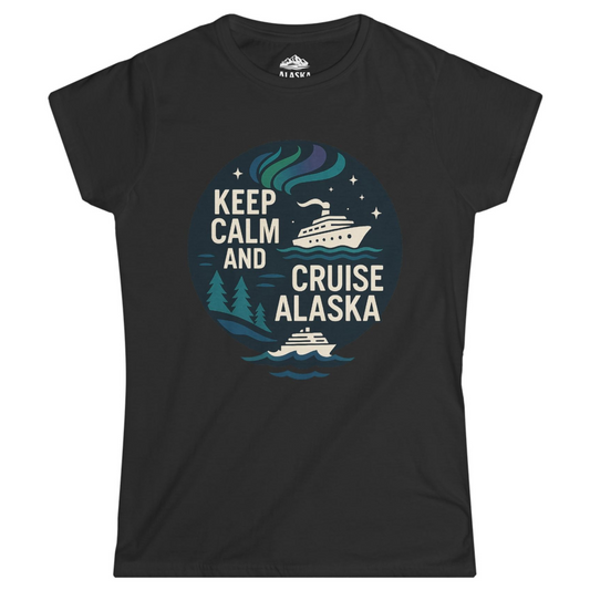 Keep Calm Cruise Alaska Shirt - Northern Lights Pine Trees Retro Tee Ladies T-Shirt – Black – Alaska Cruise Shirts