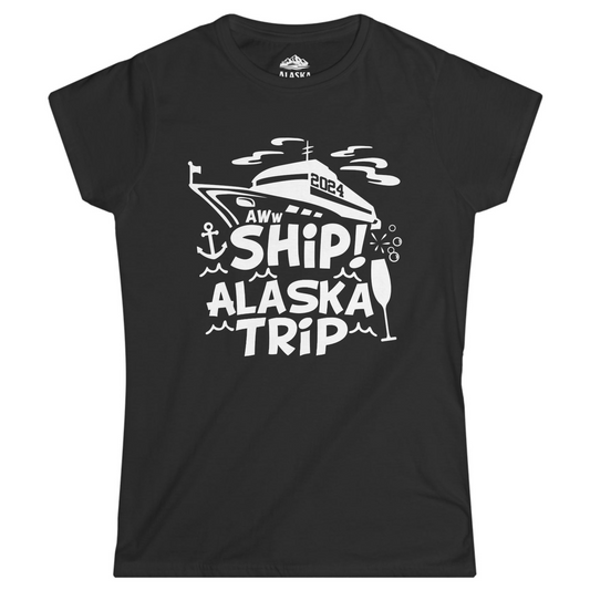 Aww Ship Alaska Cruise Shirt - Funny 2024 Group Vacation Graphic Tee Ladies T-Shirt – Black – Alaska Cruise Shirts