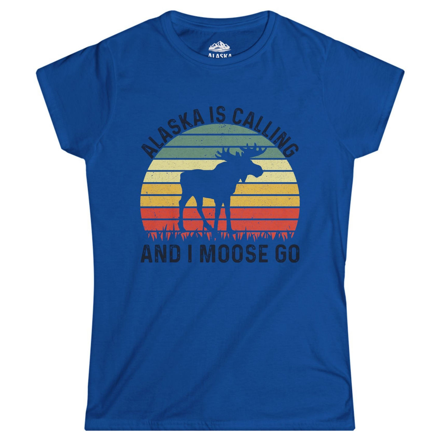Alaska Is Calling And I Moose Go Retro Sunset Moose Graphic Shirt Ladies T-Shirt – Royal – Alaska Cruise Shirts