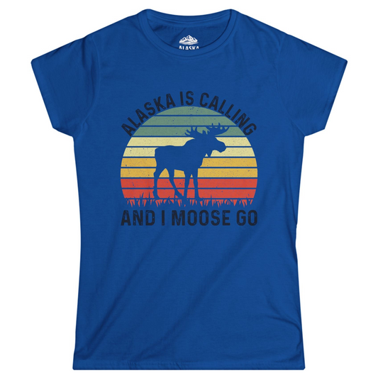 Alaska Is Calling And I Moose Go Retro Sunset Moose Graphic Shirt Ladies T-Shirt – Royal – Alaska Cruise Shirts