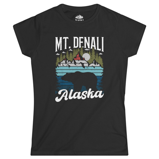 Mt Denali Alaska Bear Wilderness Shirt - Vintage Distressed Outdoor Tee Ladies T-Shirt – Black – Alaska Cruise Shirts