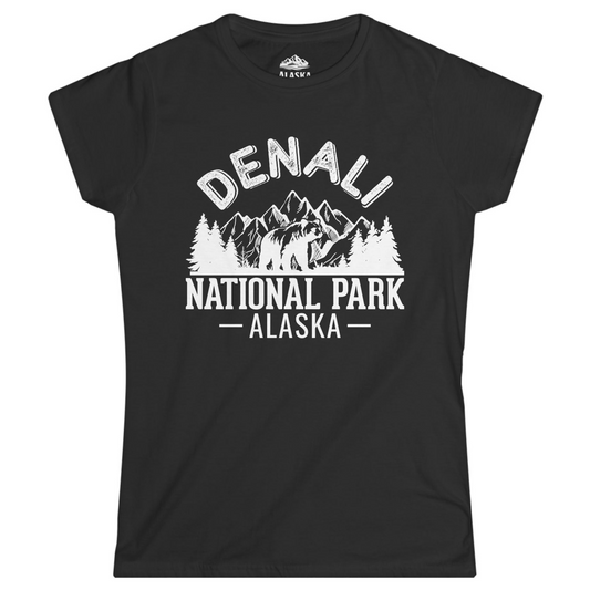 Denali National Park Bear Mountains Vintage Alaska Nature Shirt Ladies T-Shirt – Black – Alaska Cruise Shirts