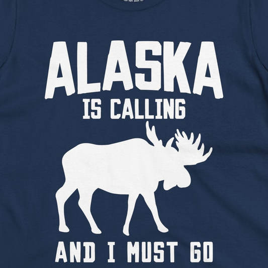 Alaska Is Calling Moose Silhouette Shirt Ladies T-Shirt – Navy – Alaska Cruise Shirts Close Up