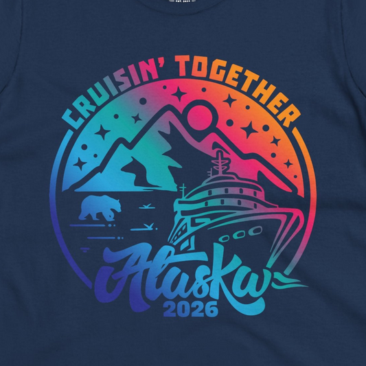 Alaska Cruise Adventure Mountains Wildlife Retro Family Group Shirt 2026 — Ladies Tee Ladies T-Shirt – Navy – Alaska Cruise Shirts Close Up