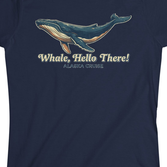Whale Hello There Alaska Cruise Shirt Ladies T-Shirt – Navy – Alaska Cruise Shirts Close Up