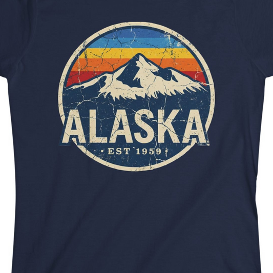 Alaska Vintage Shirt Ladies T-Shirt – Navy – Alaska Cruise Shirts Close Up