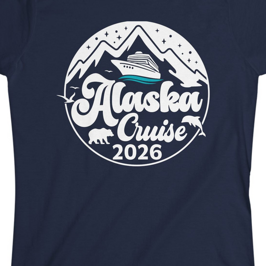 Alaska Cruise 2026 Shirt Ladies T-Shirt – Navy – Alaska Cruise Shirts Close Up