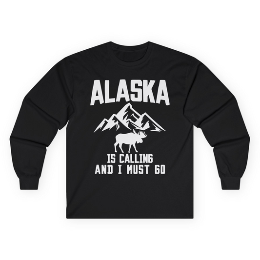 Alaska Is Calling Moose Mountains Adventure Silhouette Nature Shirt Long Sleeve Shirt – Black – Alaska Cruise Shirts