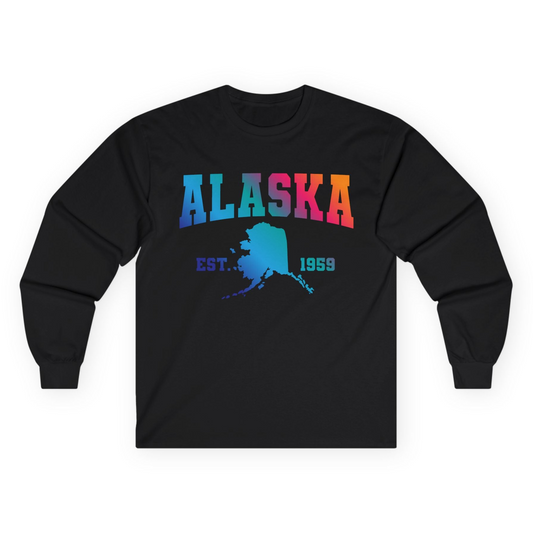 Retro Alaska Est 1959 Shirt - Bold Collegiate Map Gradient Design Long Sleeve Shirt – Black – Alaska Cruise Shirts