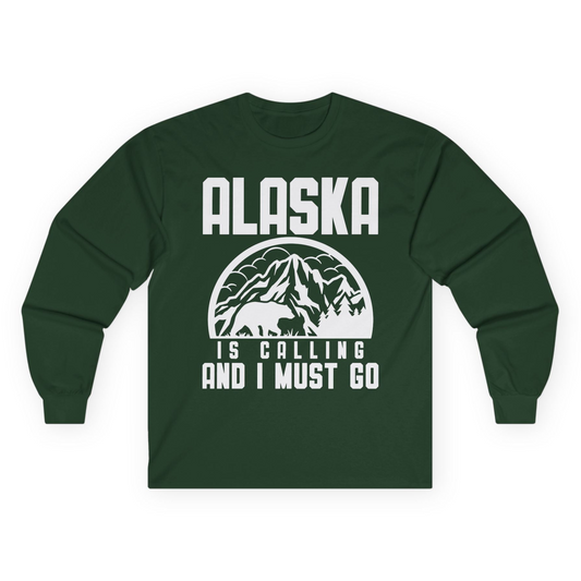 Alaska Is Calling Shirt - Mountain Bear Silhouette Adventure Tee Long Sleeve Shirt – Forest Green – Alaska Cruise Shirts