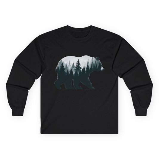 Double Exposure Bear Forest Silhouette Wilderness Shirt for Nature Lovers Long Sleeve Shirt – Black – Alaska Cruise Shirts