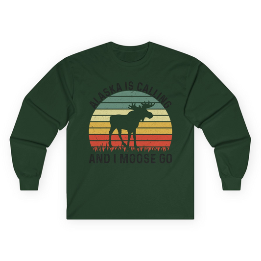 Alaska Is Calling And I Moose Go Retro Sunset Moose Graphic Shirt Long Sleeve Shirt – Forest Green – Alaska Cruise Shirts