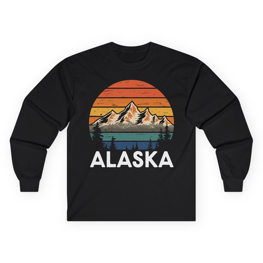 Retro Alaska Mountain Scenery Shirt - Vintage Denali Sunset Tee Long Sleeve Shirt – Black – Alaska Cruise Shirts