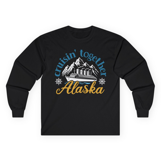 Alaska Cruise Adventure Shirt - Retro Mountains and Ship Graphic Tee Long Sleeve Shirt – Black – Alaska Cruise Shirts