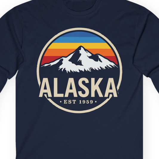 Alaska Vintage Mountain Sunset long sleeve shirt Long Sleeve Shirt – Navy – Alaska Cruise Shirts Close Up