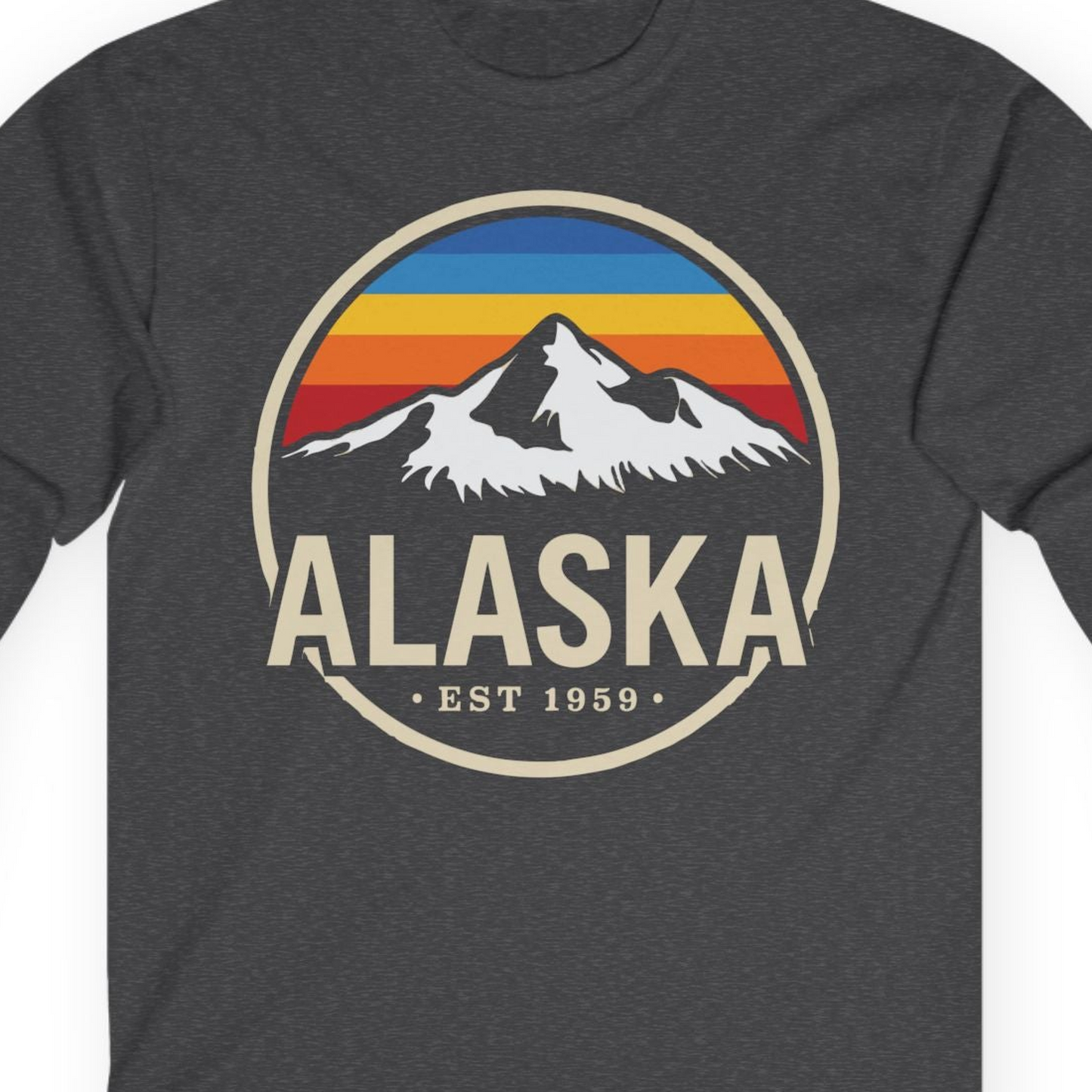 Alaska Vintage Mountain Sunset long sleeve shirt Long Sleeve Shirt – Dark Heather – Alaska Cruise Shirts Close Up