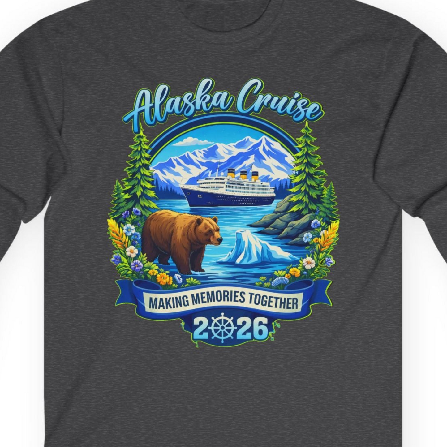 Alaska Cruise 2026 Family long sleeve shirt Long Sleeve Shirt – Dark Heather – Alaska Cruise Shirts Close Up