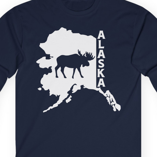 Alaska Moose Silhouette Shirt Long Sleeve Shirt – Navy – Alaska Cruise Shirts Close Up