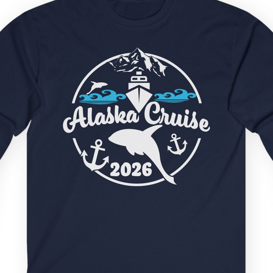 Alaska Cruise 2026 Shirt Long Sleeve Shirt – Navy – Alaska Cruise Shirts Close Up