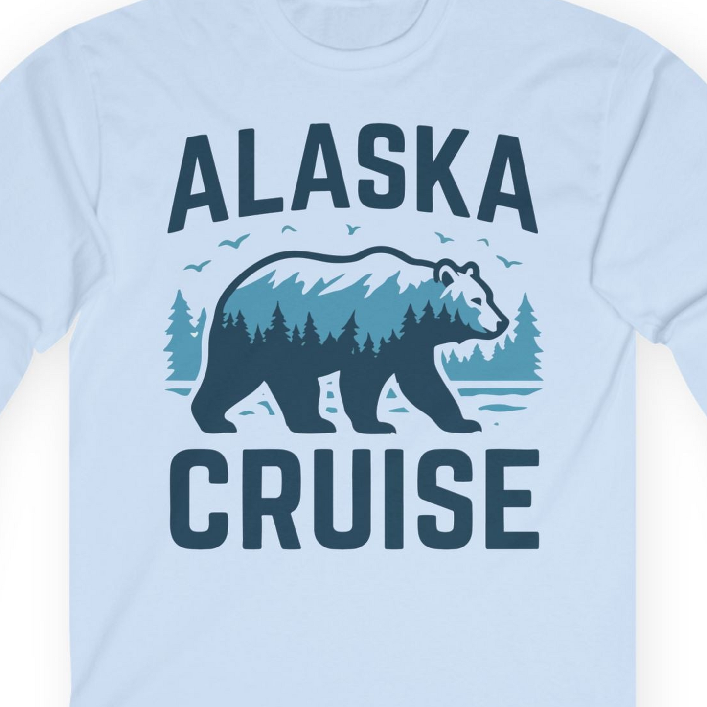 Alaska Cruise Shirt Bear Silhouette Forest Wildlife Nature Tee — Long Sleeve Long Sleeve Shirt – Light Blue – Alaska Cruise Shirts Close Up