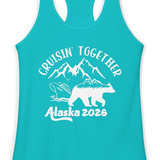 Cruisin Together Alaska 2026 Bear Mountain Group Cruise Shirt — Ladies Tank Ladies Tank Top – Alaska Cruise Shirts Close Up