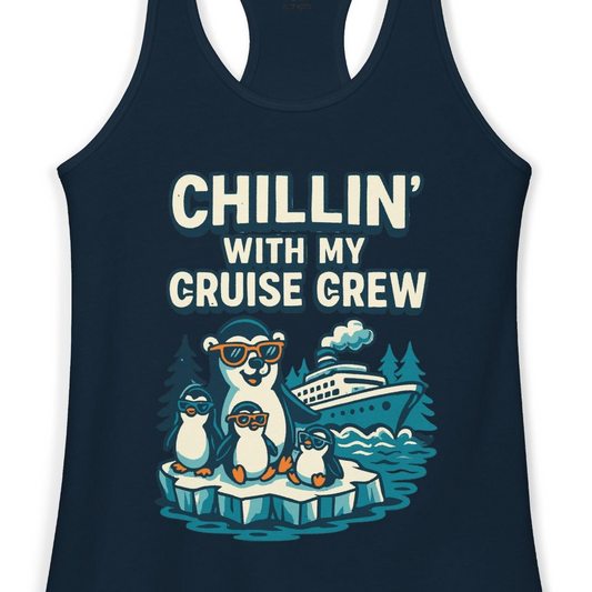 Chillin With My Cruise Crew Cute Penguins Alaska Cartoon Shirt — Ladies Tank Ladies Tank Top – Alaska Cruise Shirts Close Up