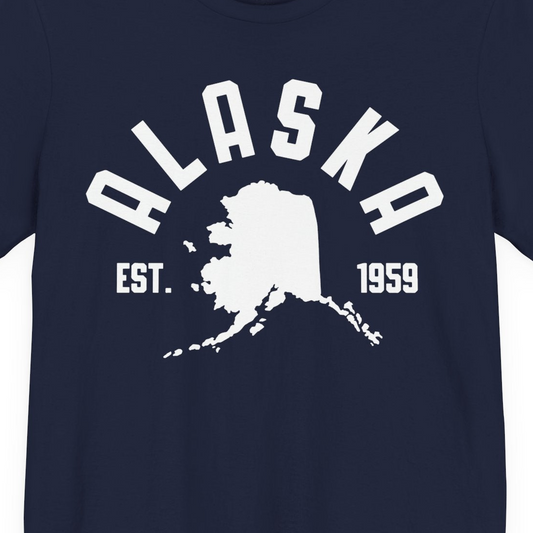 Vintage Alaska State Outline Est 1959 Retro Collegiate Shirt — Premium Tee Premium T-Shirt – Navy – Alaska Cruise Shirts Close Up