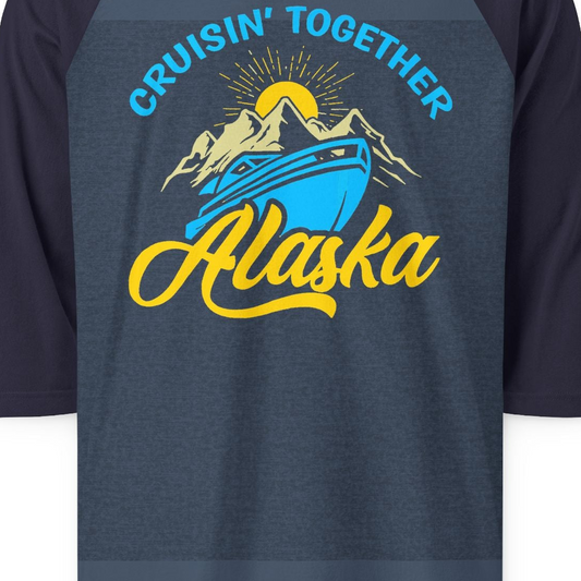 Alaska Cruise Adventure Mountains Sunrise Retro Shirt for Travelers — 3/4 Sleeve 3/4 Sleeve Raglan Shirt – Alaska Cruise Shirts Close Up