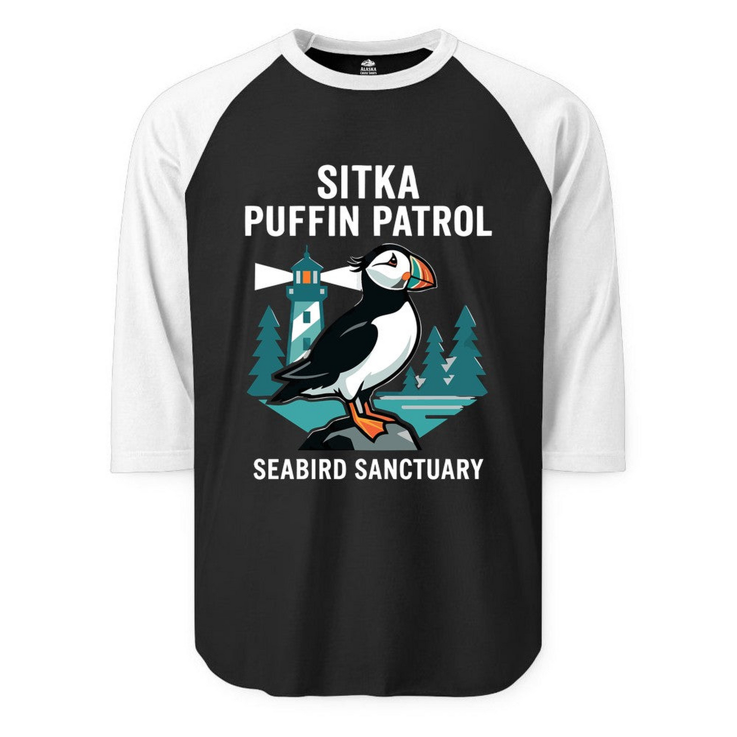 Sitka Puffin Bird Sanctuary Shirt 3/4 Sleeve Raglan Shirt – Alaska Cruise Shirts Close Up